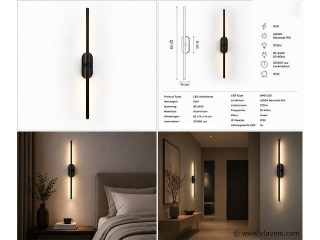 2 x led wandlamp 10w – 4200k neutraal wit - zwart – ip20 – salda-10 - afbeelding 5 van  5
