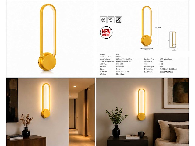 2 x led wandlamp 12w – 4000k neutraal wit - goud – ip20 – always-w - afbeelding 5 van  5