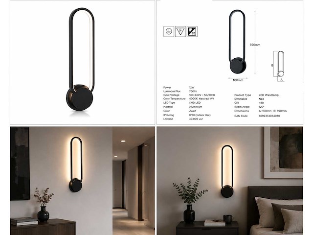 2 x led wandlamp 12w – 4000k neutraal wit - zwart – ip20 – always-w - afbeelding 5 van  5
