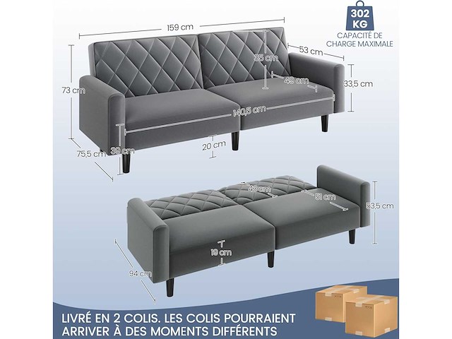 2-zits cabrioletbank met verstelbare rugleuning - donkergrijs - afbeelding 1 van  3