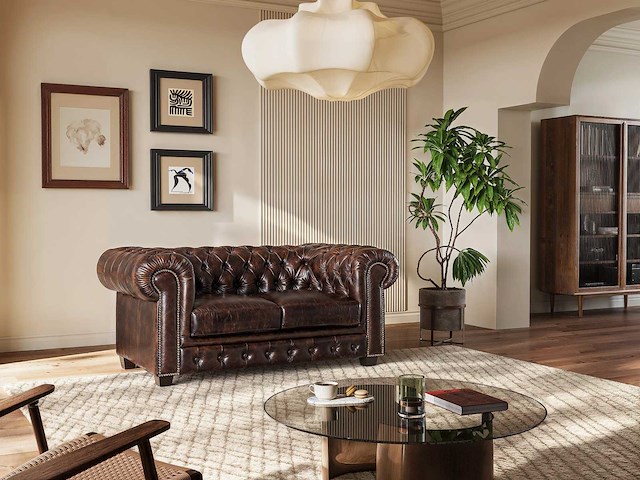 2-zits chesterfield bank 100% buffelleer - bruin met bruine reflecties - afbeelding 1 van  6