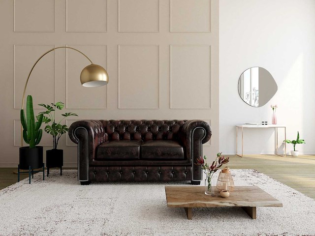 2-zits chesterfield bank 100% buffelleer - bruin met bruine reflecties - afbeelding 5 van  6