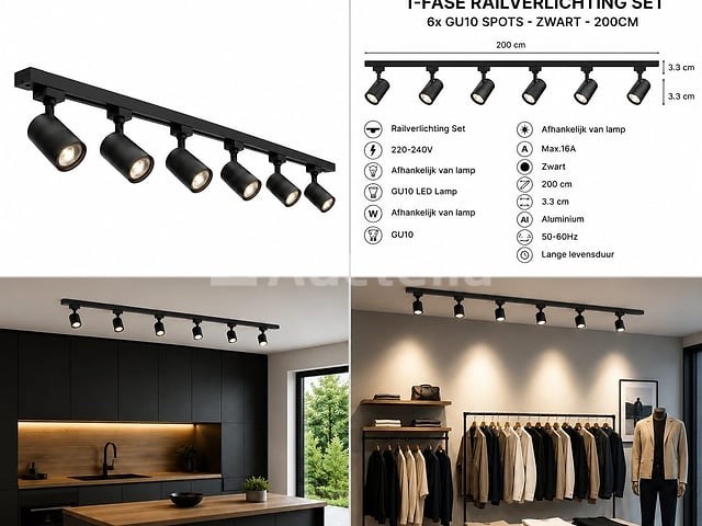 20 x 1-fase railverlichting set – 2 meter – zwart – inclusief 6 x gu10 railspots - afbeelding 1 van  5