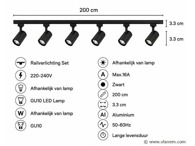 20 x 1-fase railverlichting set – 2 meter – zwart – inclusief 6 x gu10 railspots - afbeelding 4 van  5