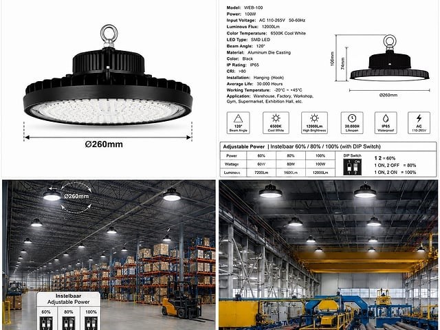 20 x led highbay ufo pro 100w – instelbaar 60% / 80% / 100% – 6500k – web-100 - afbeelding 2 van  6