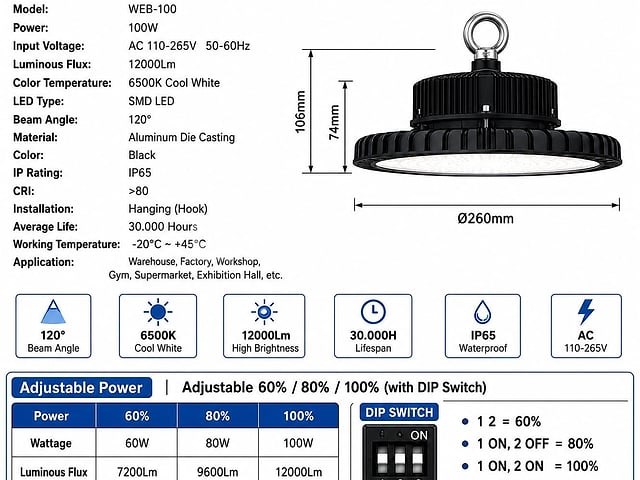 20 x led highbay ufo pro 100w – instelbaar 60% / 80% / 100% – 6500k – web-100 - afbeelding 4 van  6
