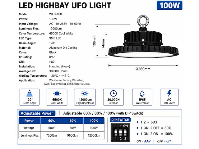 20 x led highbay ufo pro 100w – instelbaar 60% / 80% / 100% – 6500k – web-100 - afbeelding 5 van  6