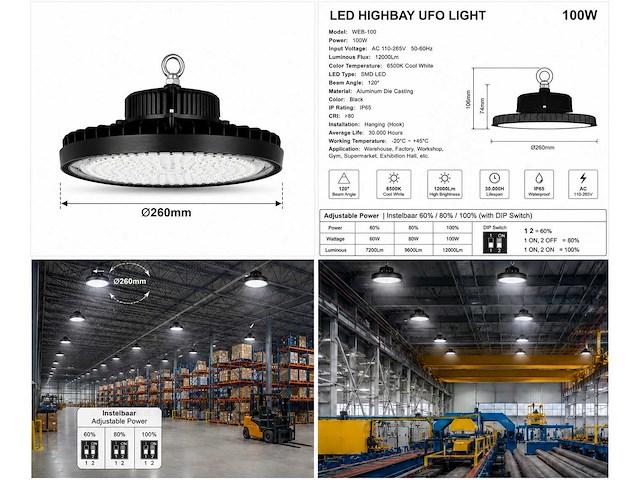 20 x led highbay ufo pro 100w – instelbaar 60% / 80% / 100% – 6500k – web-100 - afbeelding 6 van  6
