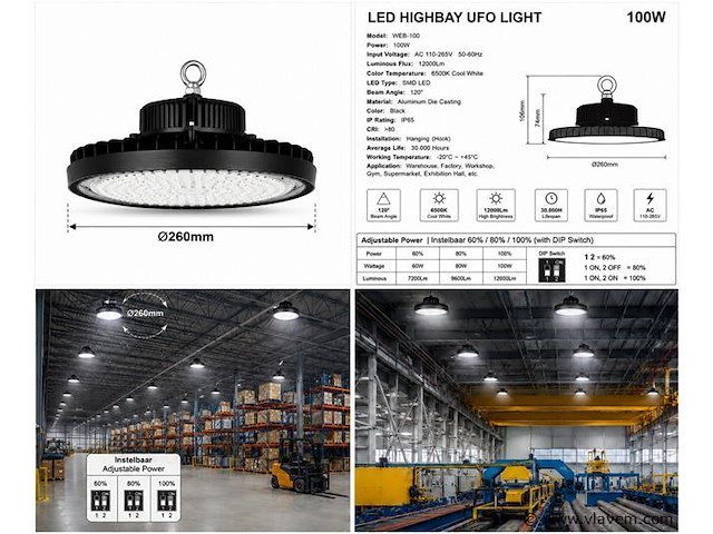 20 x led highbay ufo pro 100w – instelbaar 60% / 80% / 100% – 6500k – web-100 - afbeelding 6 van  6