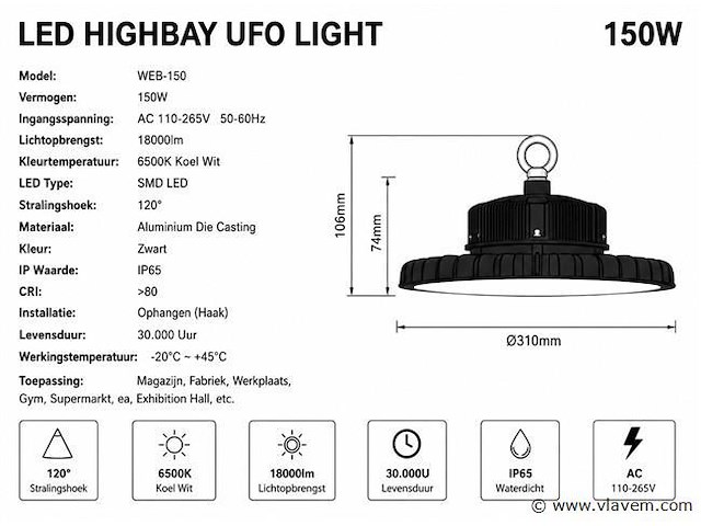 20 x led highbay ufo pro 150w – instelbaar 60% / 80% / 100% – 6500k – web-150 - afbeelding 5 van  6