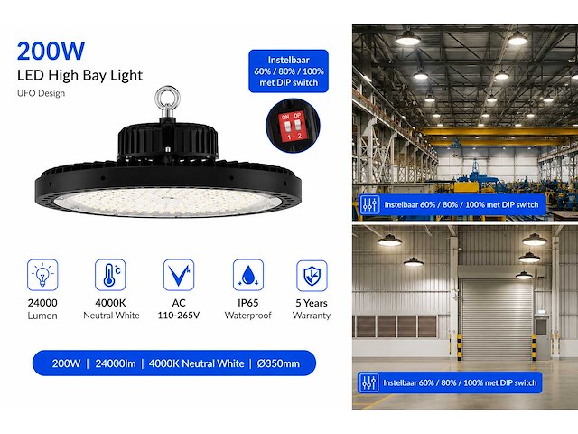 20 x led highbay ufo pro 200w – instelbaar 60% / 80% / 100% – 4000k – web-200 - afbeelding 3 van  5