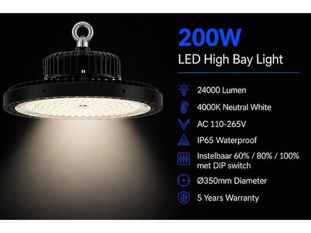 20 x led highbay ufo pro 200w – instelbaar 60% / 80% / 100% – 4000k – web-200 - afbeelding 1 van  5