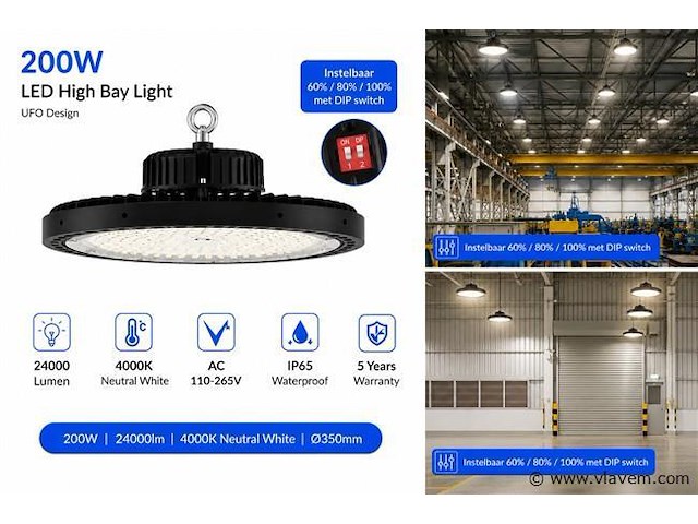 20 x led highbay ufo pro 200w – instelbaar 60% / 80% / 100% – 4000k – web-200 - afbeelding 3 van  5