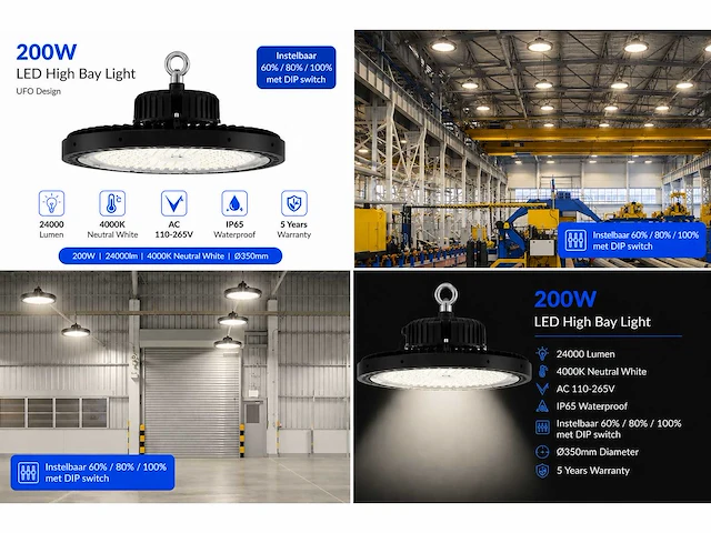 20 x led highbay ufo pro 200w – instelbaar 60% / 80% / 100% – 4000k – web-200 - afbeelding 5 van  5