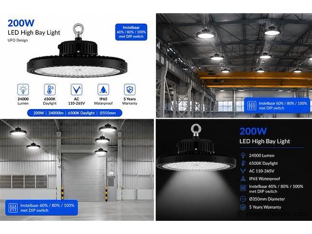 20 x led highbay ufo pro 200w – instelbaar 60% / 80% / 100% – 6500k – web-200 - afbeelding 6 van  6