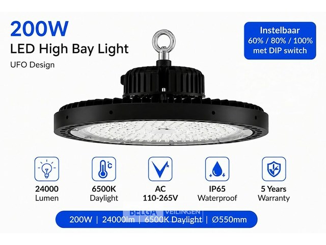 20 x led highbay ufo pro 200w – instelbaar 60% / 80% / 100% – 6500k – web-200 - afbeelding 4 van  7