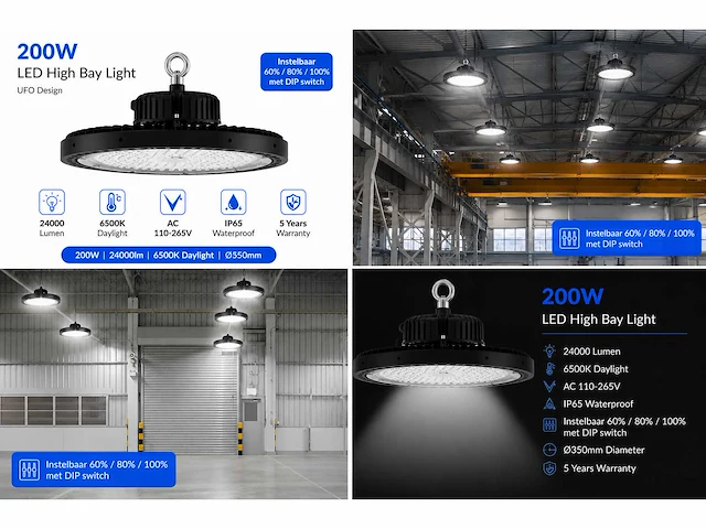 20 x led highbay ufo pro 200w – instelbaar 60% / 80% / 100% – 6500k – web-200 - afbeelding 6 van  6
