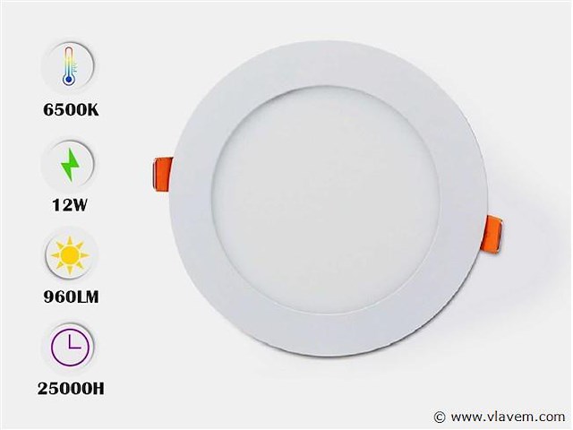 20 x led paneel – rond inbouw – 12w – 6500k koud wit – ip20 - afbeelding 1 van  4