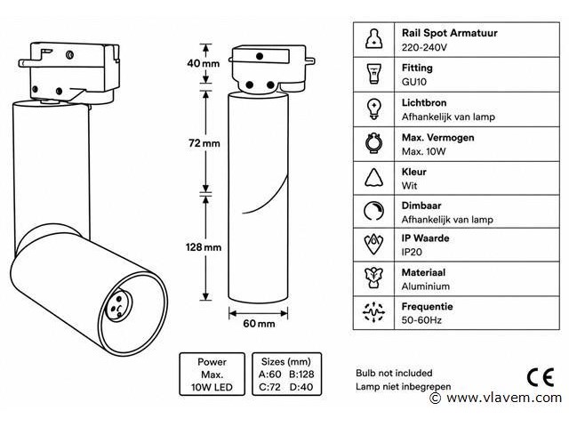 20 x rail spot armatuur – gu10 – wit – ip20 – toronto - afbeelding 4 van  5