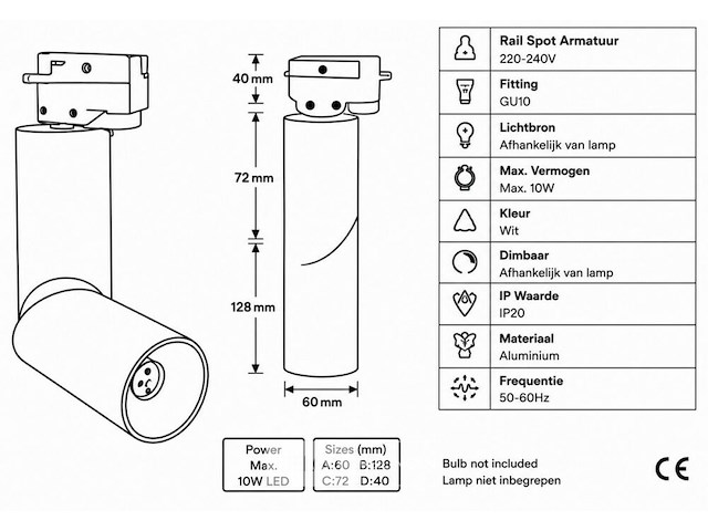 20 x rail spot armatuur – gu10 – wit – ip20 – toronto - afbeelding 5 van  6
