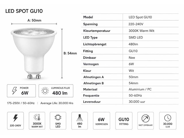 200 x led spot gu10 – 6w – 3000k warm wit – ip20 - afbeelding 3 van  4