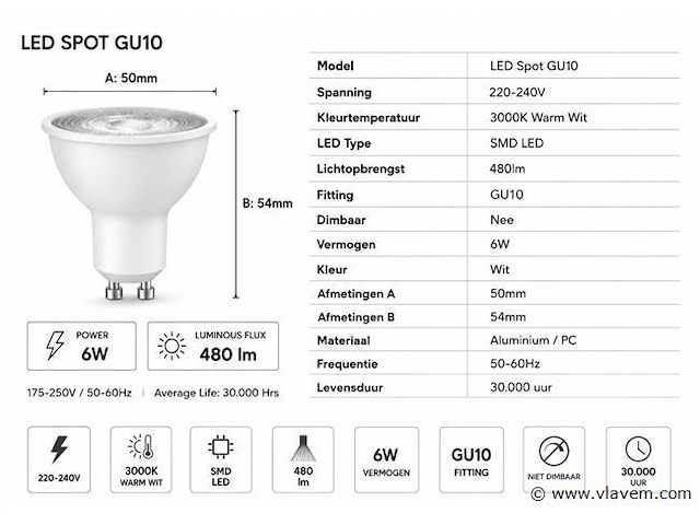 200 x led spot gu10 – 6w – 3000k warm wit – ip20 - afbeelding 3 van  4