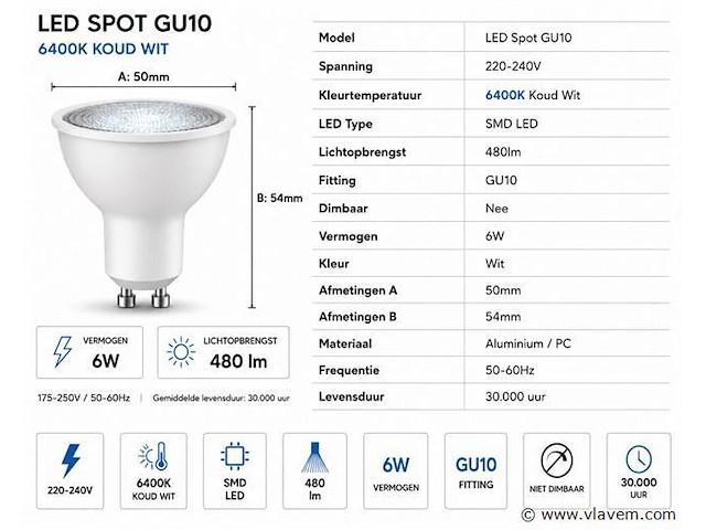 200 x led spot gu10 – 6w – 6400k koud wit – ip20 - afbeelding 3 van  4