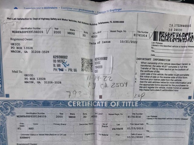 2000 mercedes-benz sl 500 personenauto - afbeelding 9 van  22