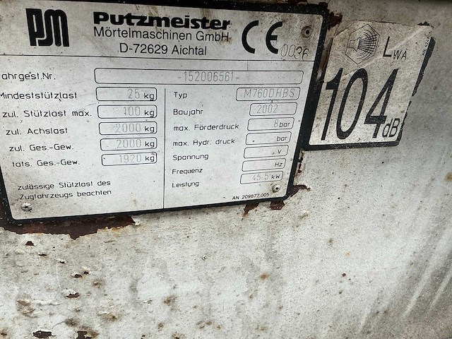 2002 putzmeister m760dhbs chape pomp - afbeelding 1 van  9