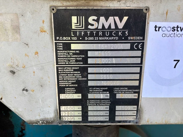 2002 smv sl16-1200a vorkheftruck - afbeelding 9 van  19