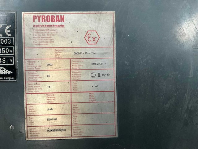 2003 atex explosie beveiligde ex2 linde e20p-02 vorkheftruck - afbeelding 45 van  54