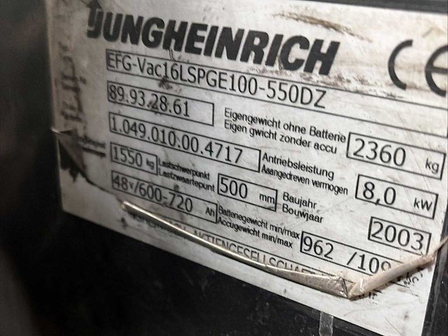 2003 jungheinrich efg-vac 16lspge100-550dz reach truck - afbeelding 3 van  11