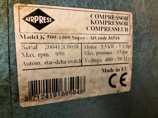 2004 airpress k500-1000 luchtcompressor - afbeelding 8 van  8