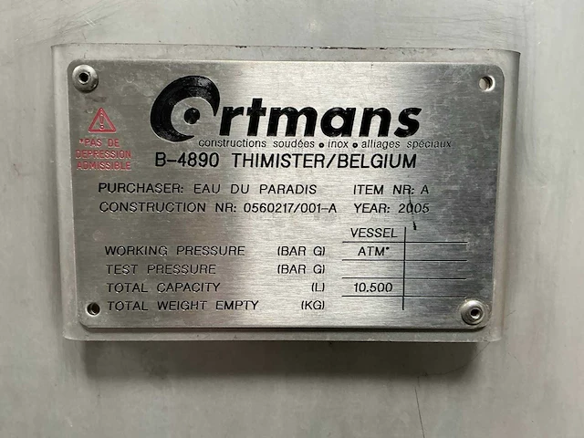 2005 ortmans verticale rvs opslagtank 10500l - afbeelding 5 van  5