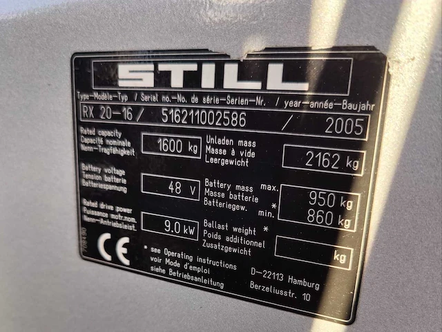 2005 still rx20-16 electrische heftruck 1600kg - 48v - functioneel - afbeelding 12 van  28