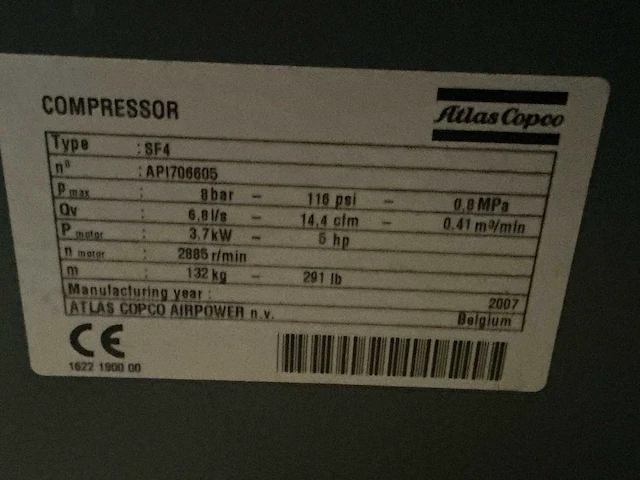2007 atlas copco sf4 olievrije compressor - afbeelding 3 van  4