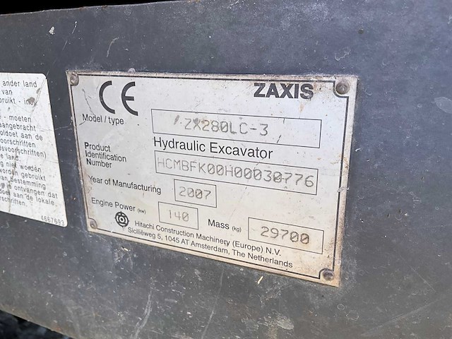 2007 hitachi zaxis zx280lc-3 rupsgraafmachine - afbeelding 11 van  15