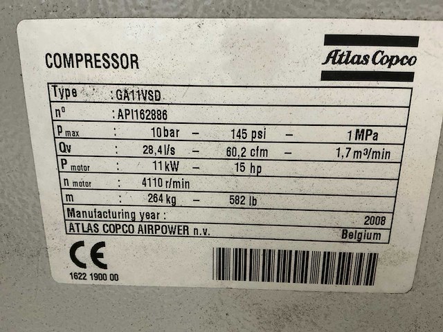 2008 atlas copco ga11 vsd schroefcompressor - afbeelding 6 van  11