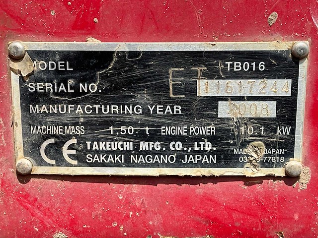 2008 takeuchi tb016 minigraafmachine - afbeelding 5 van  8