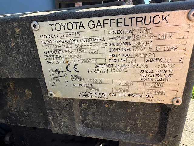 2008 toyota 7fbef15 vorkheftruck - afbeelding 9 van  9