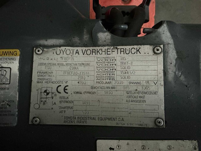 2009 toyota 7fbef18 vorkheftruck - afbeelding 9 van  10