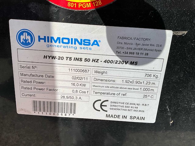 2011 himoinsa hyw 20 stroomgenerator 20kva- geluidgedempt - diesel - afbeelding 5 van  20