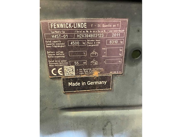 2011 linde h45t-01 vorkheftruck (68046-75) - afbeelding 3 van  16