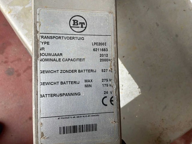 2012 bt lpe200i elektrische palletwagen - afbeelding 5 van  8