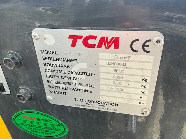 2012 tcm fb25-7 vorkheftruck - afbeelding 8 van  20