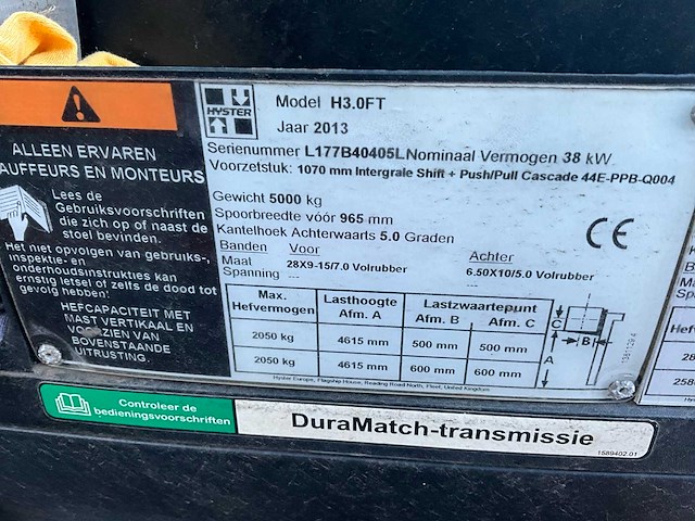 2013 hyster h3.0ft vorkheftruck (68031-380) - afbeelding 1 van  1