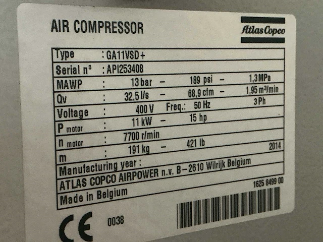 2014 atlas copco ga11vsd+ schroefcompressor - afbeelding 5 van  6