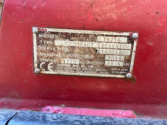 2014 takeuchi tb216 minigraafmachine - afbeelding 7 van  17