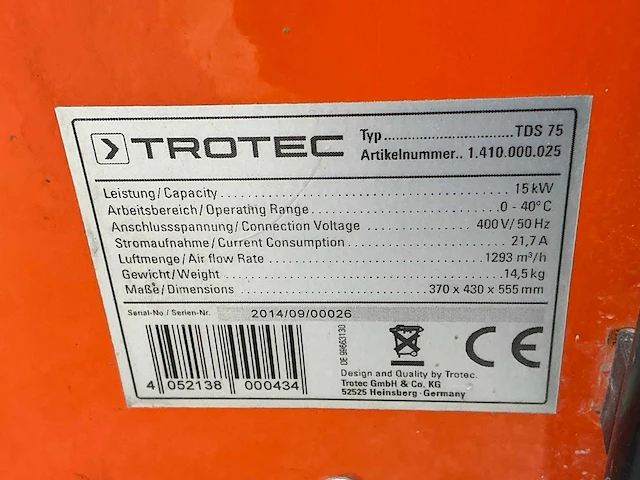 2014 trotec tds 75 elektroheater 15kw 400v - afbeelding 6 van  8
