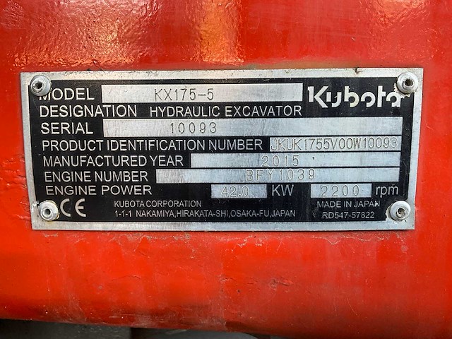 2015 kubota kx-175-5 rupsgraafmachine - afbeelding 3 van  22